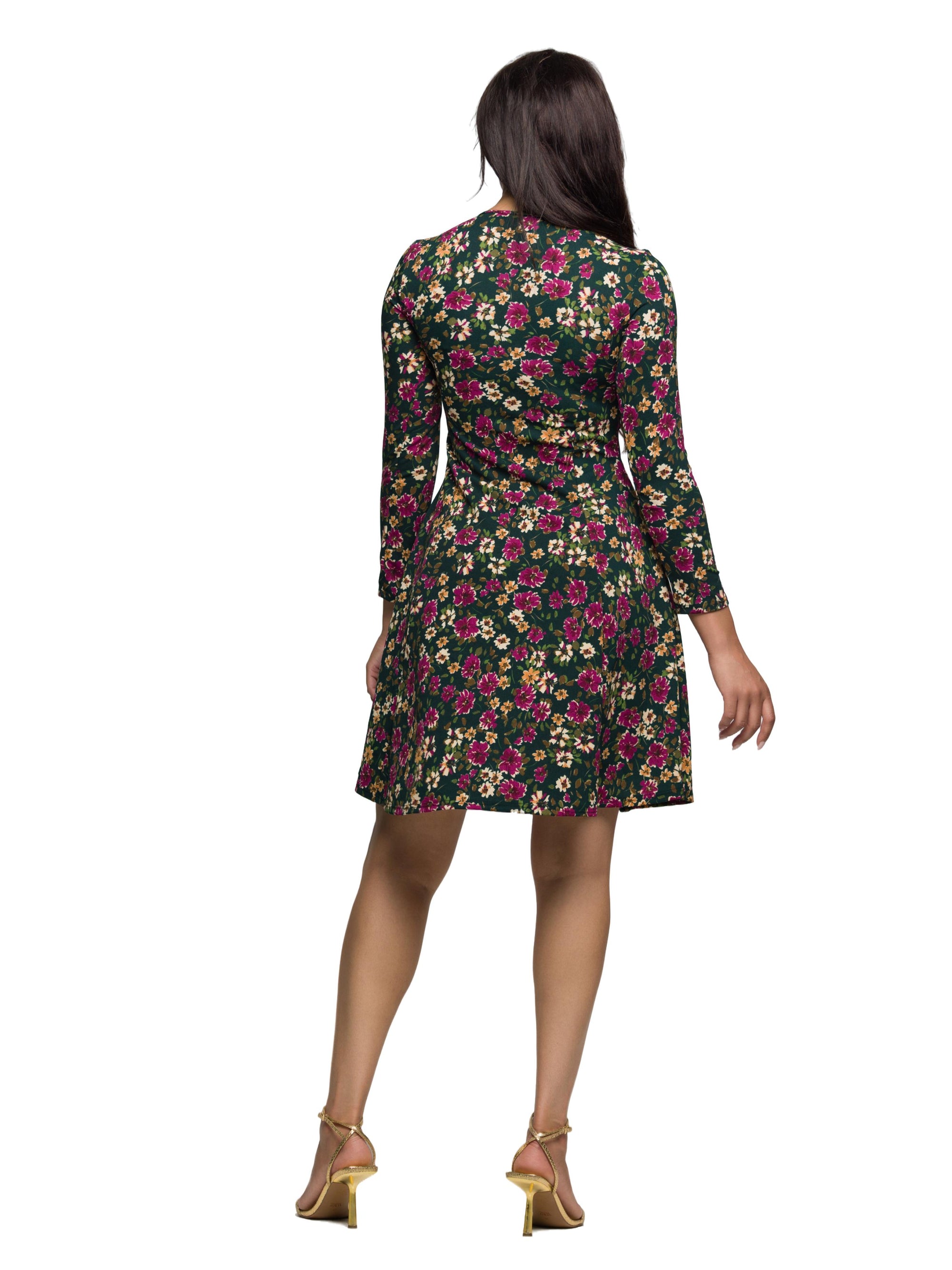 24seven Comfort Apparel Floral Print Long Sleeve Fit and Flare Mini Dress