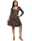 24seven Comfort Apparel Floral Print Long Sleeve Fit and Flare Mini Dress