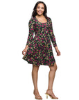 24seven Comfort Apparel Floral Print Long Sleeve Fit and Flare Mini Dress