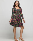 24seven Comfort Apparel Floral Print Long Sleeve Fit and Flare Mini Dress