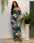 24seven Comfort Apparel Off Shoulder Multicolor Print Side Slit Maxi Dress