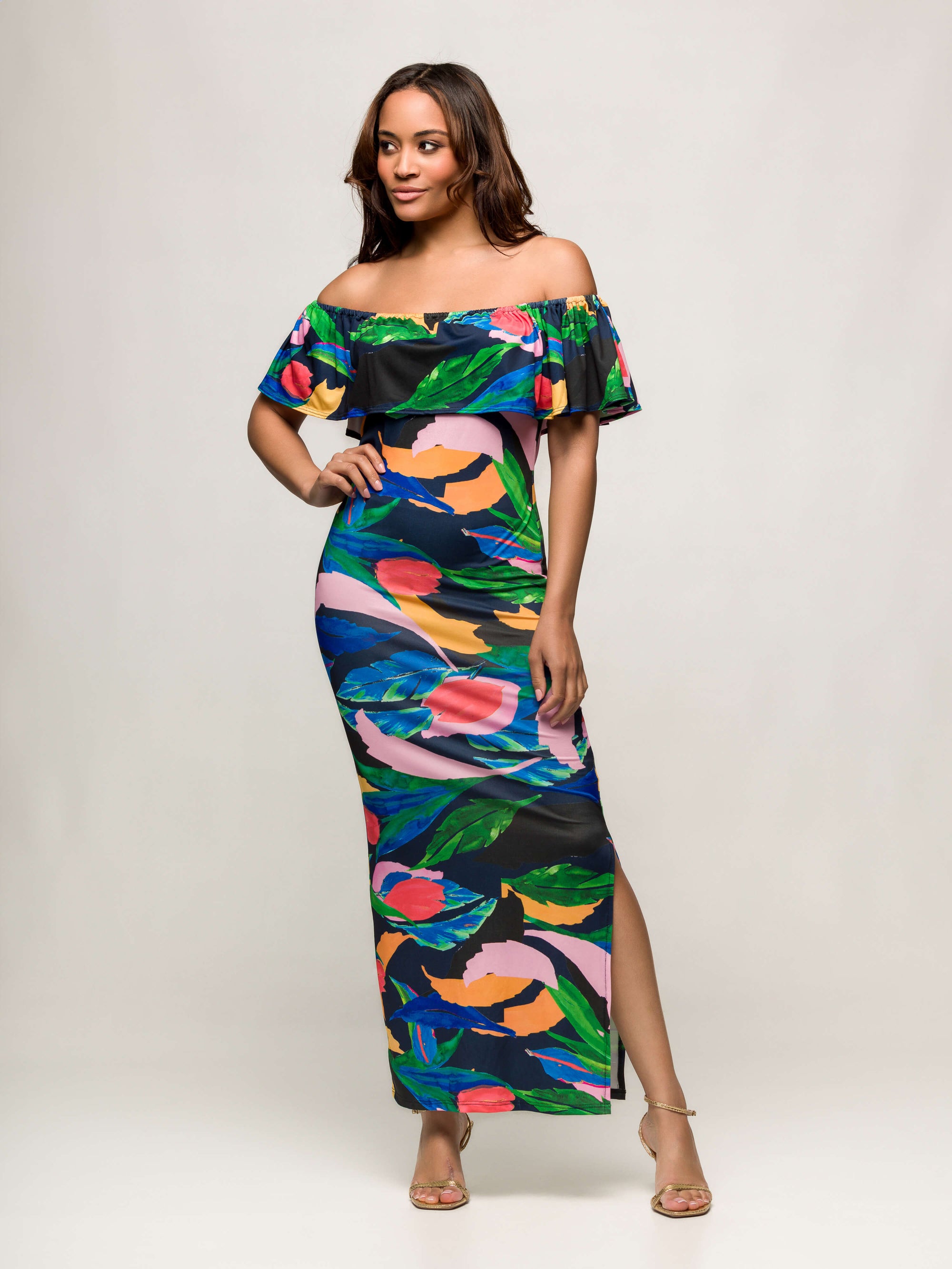 24seven Comfort Apparel Off Shoulder Multicolor Print Side Slit Maxi Dress