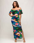 24seven Comfort Apparel Off Shoulder Multicolor Print Side Slit Maxi Dress
