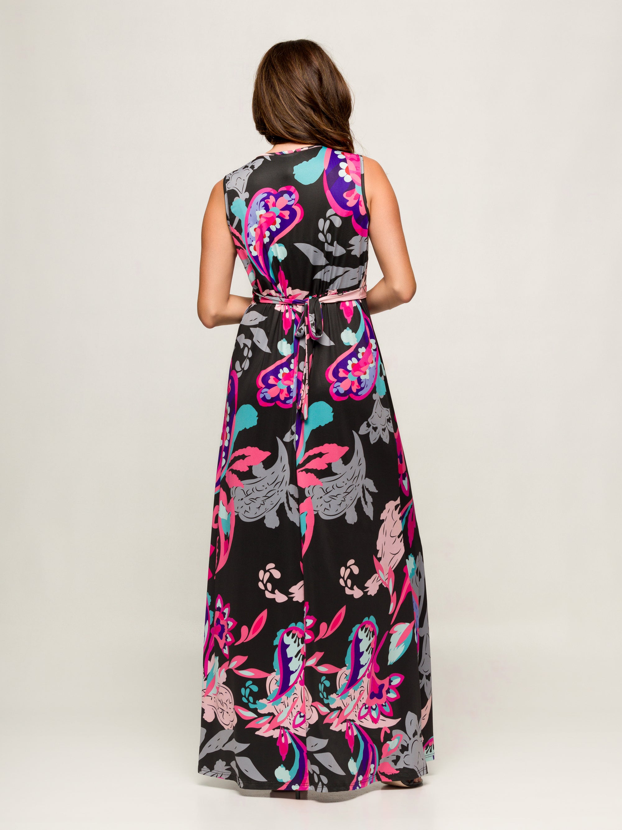 24seven Comfort Apparel Womens Black and Pink Print V Neck Empire Waist Sleeveless Maxi Dress