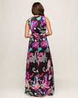 24seven Comfort Apparel Womens Black and Pink Print V Neck Empire Waist Sleeveless Maxi Dress