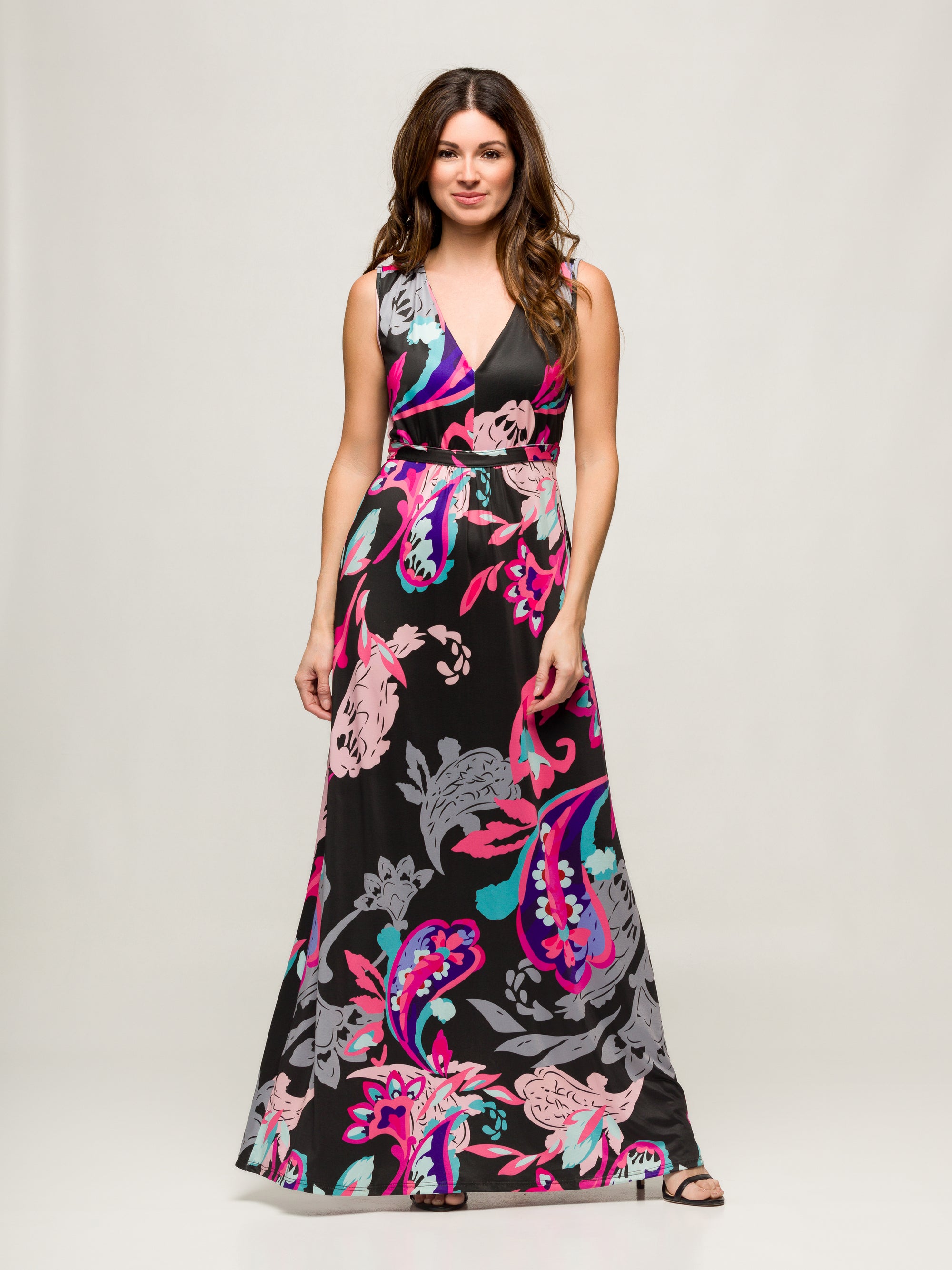 24seven Comfort Apparel Womens Black and Pink Print V Neck Empire Waist Sleeveless Maxi Dress