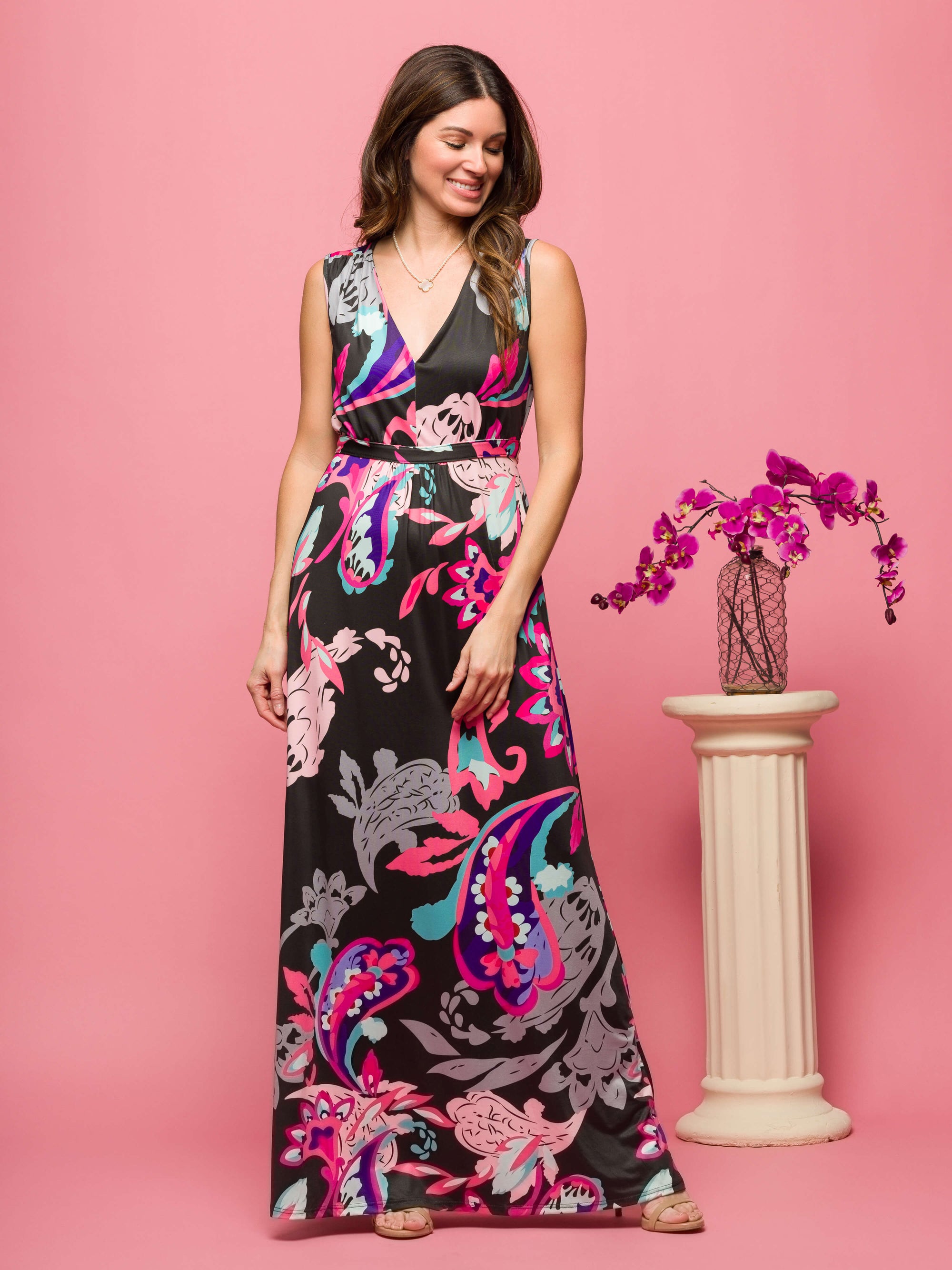 24seven Comfort Apparel Womens Black and Pink Print V Neck Empire Waist Sleeveless Maxi Dress