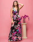 24seven Comfort Apparel Womens Black and Pink Print V Neck Empire Waist Sleeveless Maxi Dress