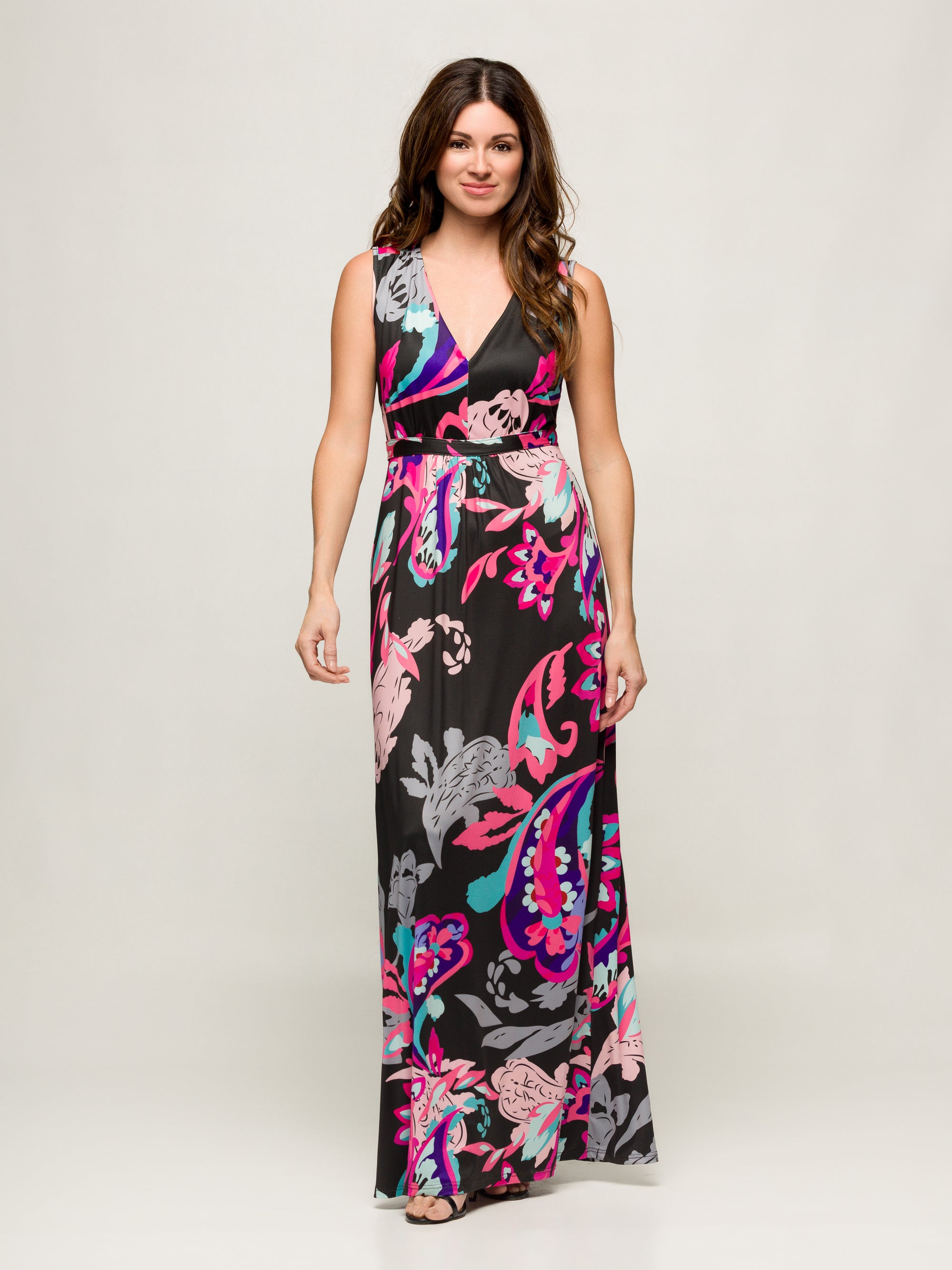 24seven Comfort Apparel Womens Black and Pink Print V Neck Empire Waist Sleeveless Maxi Dress