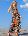 Womens Orange Butterfly Print V Neck Tie Back Empire Waist Sleeveless Maxi Dress
