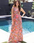 24seven Comfort Apparel Womens Pink Paisley Print V Neck Empire Waist Sleeveless Maxi Dress
