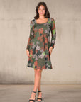 Green Paisley Print Long Sleeve Knee Length Dress