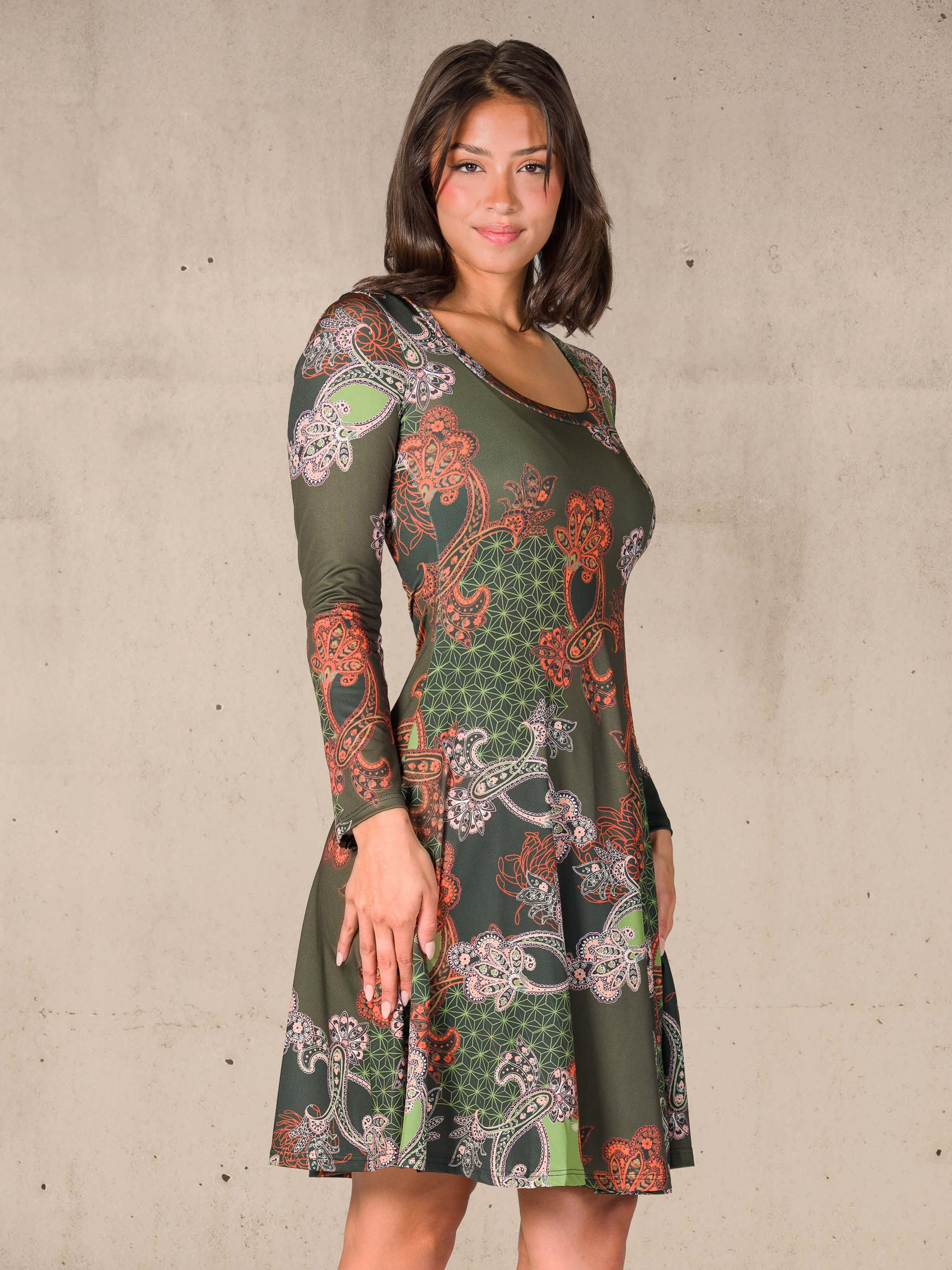 Green Paisley Print Long Sleeve Knee Length Dress