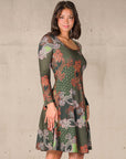 Green Paisley Print Long Sleeve Knee Length Dress