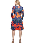 Navy Floral Print Long Sleeve Knee Length Dress