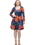 Navy Floral Print Long Sleeve Knee Length Dress