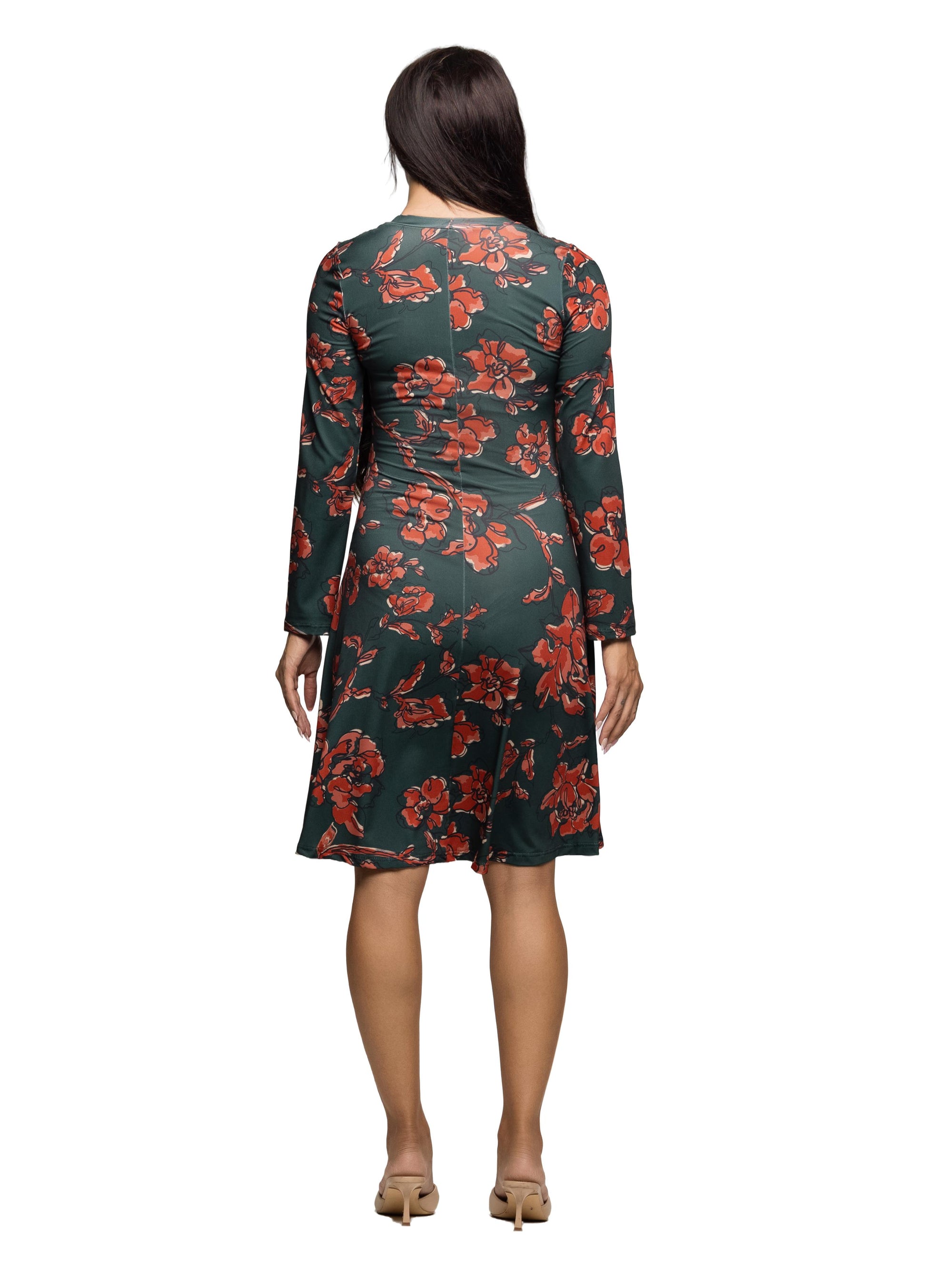 Long Sleeve Fit and Flare Dress in Green Orange Floral Print