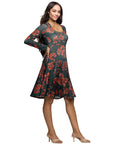 Long Sleeve Fit and Flare Dress in Green Orange Floral Print