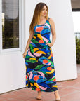 Womens Teal Floral Print Sleeveless Casual Maxi Dress With Pockets