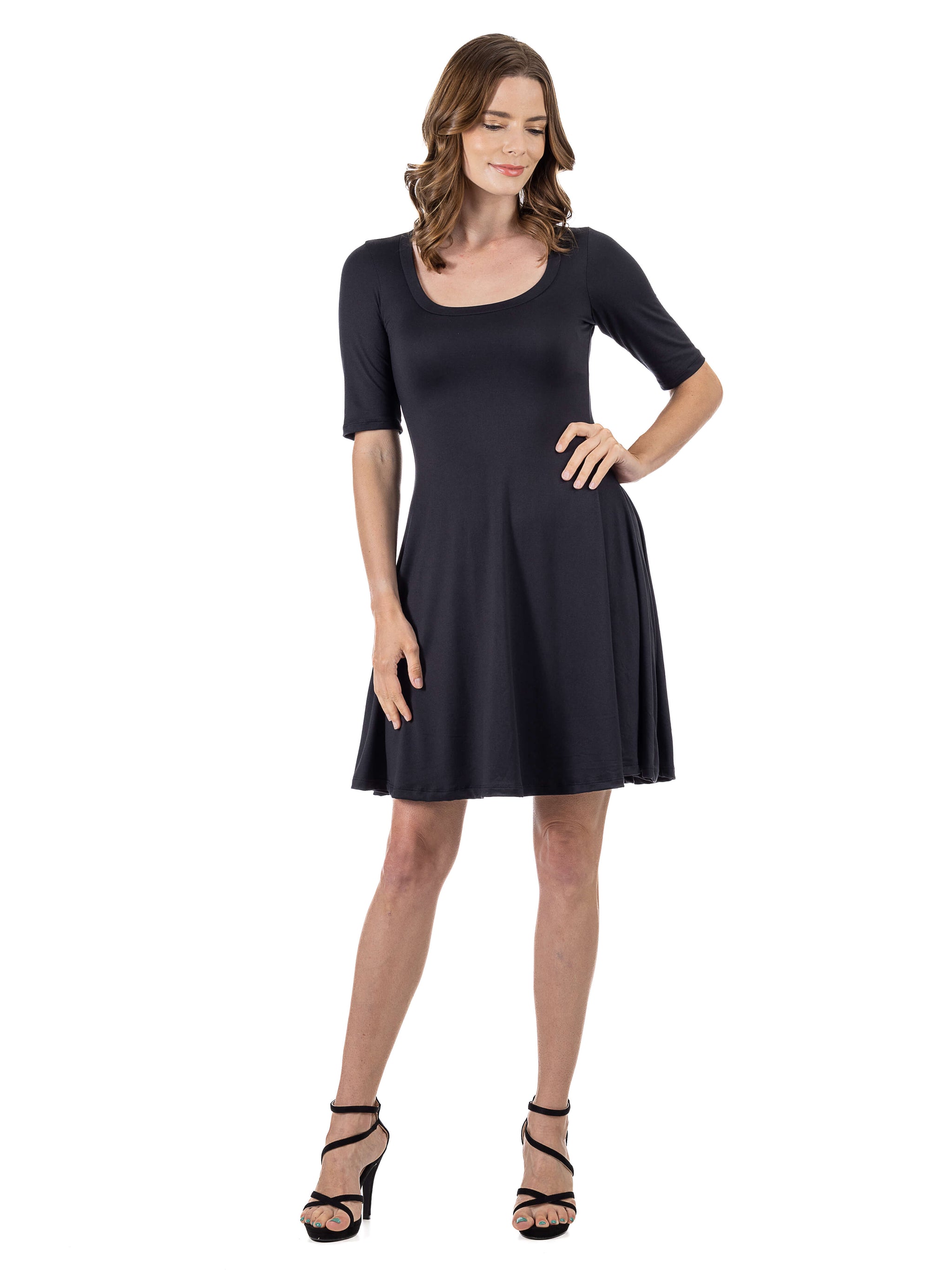 24seven Comfort Apparel A Line Knee Length Dress Elbow Length Sleeves NAVY M
