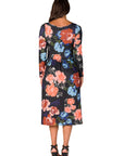 Black Floral Midi Length Long Sleeve Pocket Dress