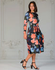 Black Floral Midi Length Long Sleeve Pocket Dress