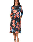 Black Floral Midi Length Long Sleeve Pocket Dress