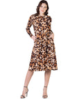 Cheetah Print Long Sleeve Pleated Midi Dress with Pockets