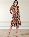 Cheetah Print Long Sleeve Pleated Midi Dress with Pockets