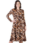 Cheetah Print Long Sleeve Pleated Midi Dress with Pockets