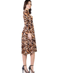 Cheetah Print Long Sleeve Pleated Midi Dress with Pockets