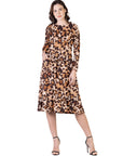 Cheetah Print Long Sleeve Pleated Midi Dress with Pockets