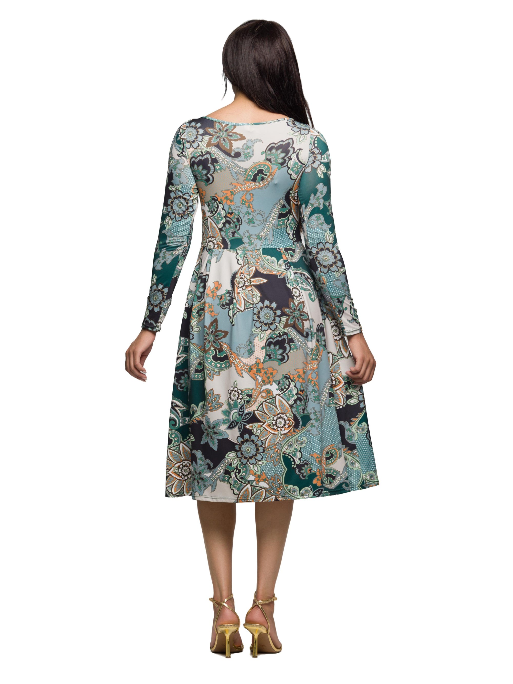 24seven Comfort Apparel Long Sleeve Midi Dress in Teal Paisley Floral Print