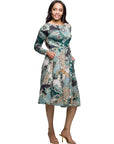 24seven Comfort Apparel Long Sleeve Midi Dress in Teal Paisley Floral Print
