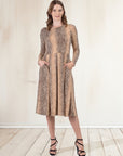 Animal Print Long Sleeve Pleated Midi Dress with Pockets