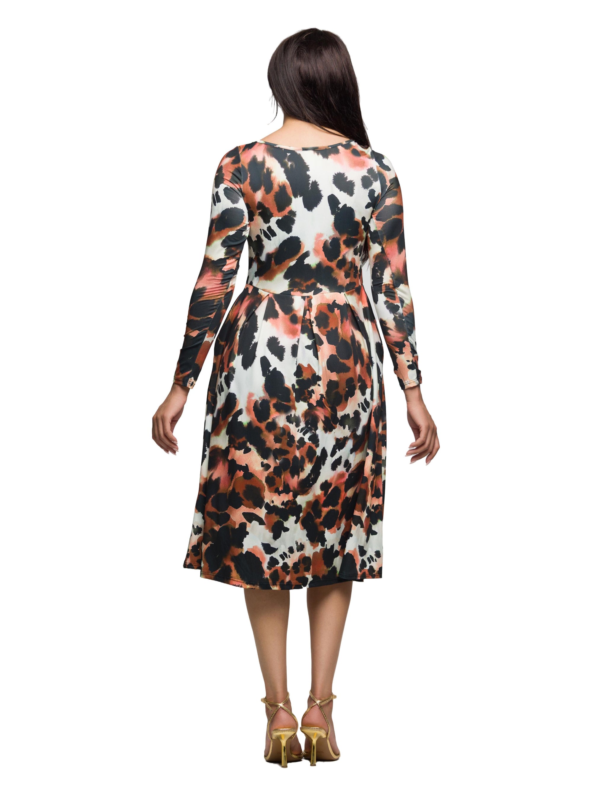 24seven Comfort Apparel Long Sleeve Midi Dress in Animal Print
