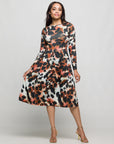 24seven Comfort Apparel Long Sleeve Midi Dress in Animal Print