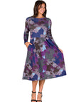 Purple Paisley Midi Length Long Sleeve Pocket Dress