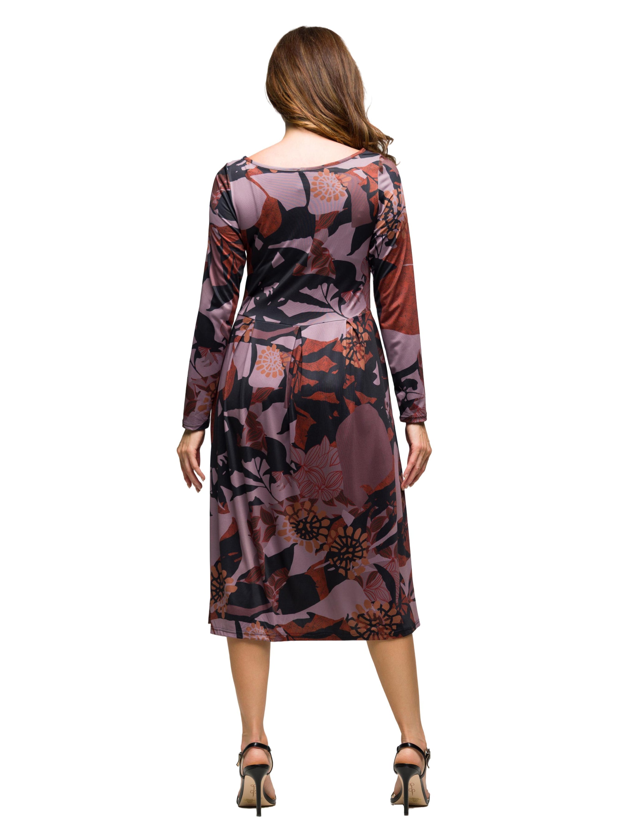 24seven Comfort Apparel Long Sleeve Midi Dress Brown Floral Print