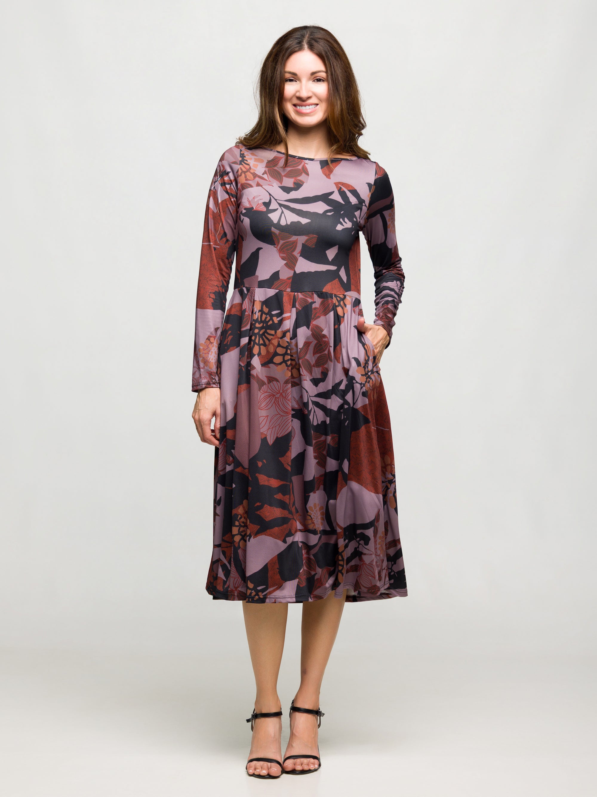 24seven Comfort Apparel Long Sleeve Midi Dress Brown Floral Print