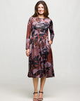 24seven Comfort Apparel Long Sleeve Midi Dress Brown Floral Print