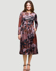 24seven Comfort Apparel Long Sleeve Midi Dress Brown Floral Print