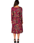 Wine Paisley Midi Length Long Sleeve Pocket Dress