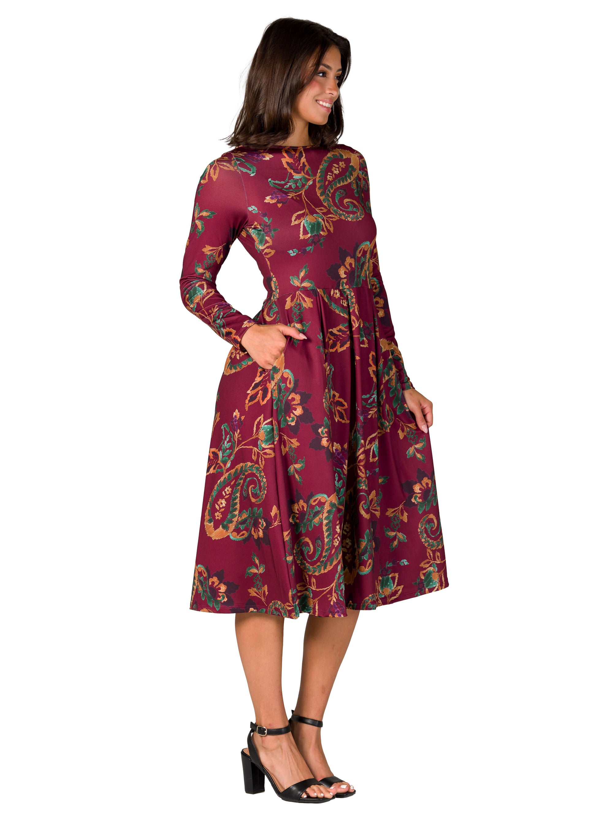 Wine Paisley Midi Length Long Sleeve Pocket Dress