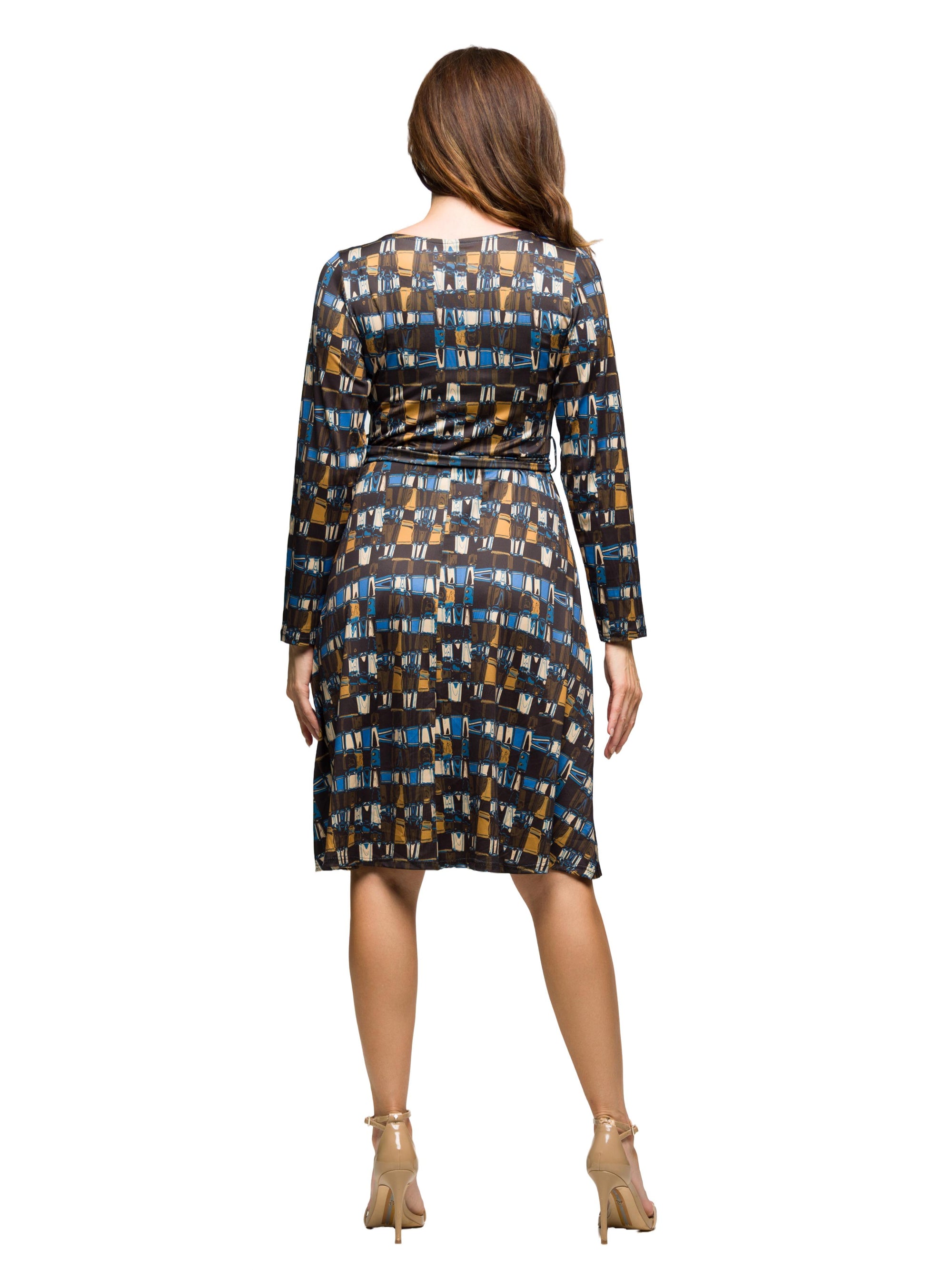 24seven Comfort Apparel Long Sleeve Wrap Dress with Belt in Brown Blue Geometric Print