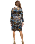 24seven Comfort Apparel Long Sleeve Wrap Dress with Belt in Brown Blue Geometric Print
