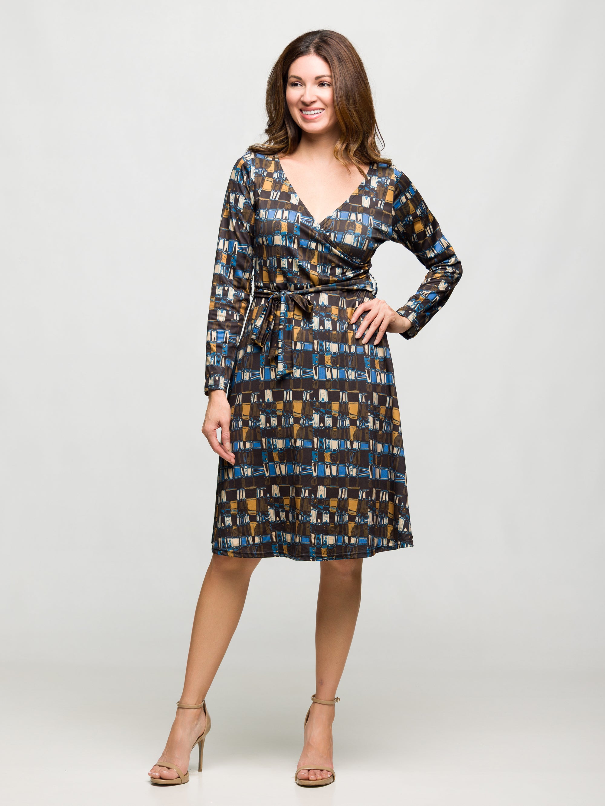 24seven Comfort Apparel Long Sleeve Wrap Dress with Belt in Brown Blue Geometric Print