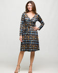 24seven Comfort Apparel Long Sleeve Wrap Dress with Belt in Brown Blue Geometric Print