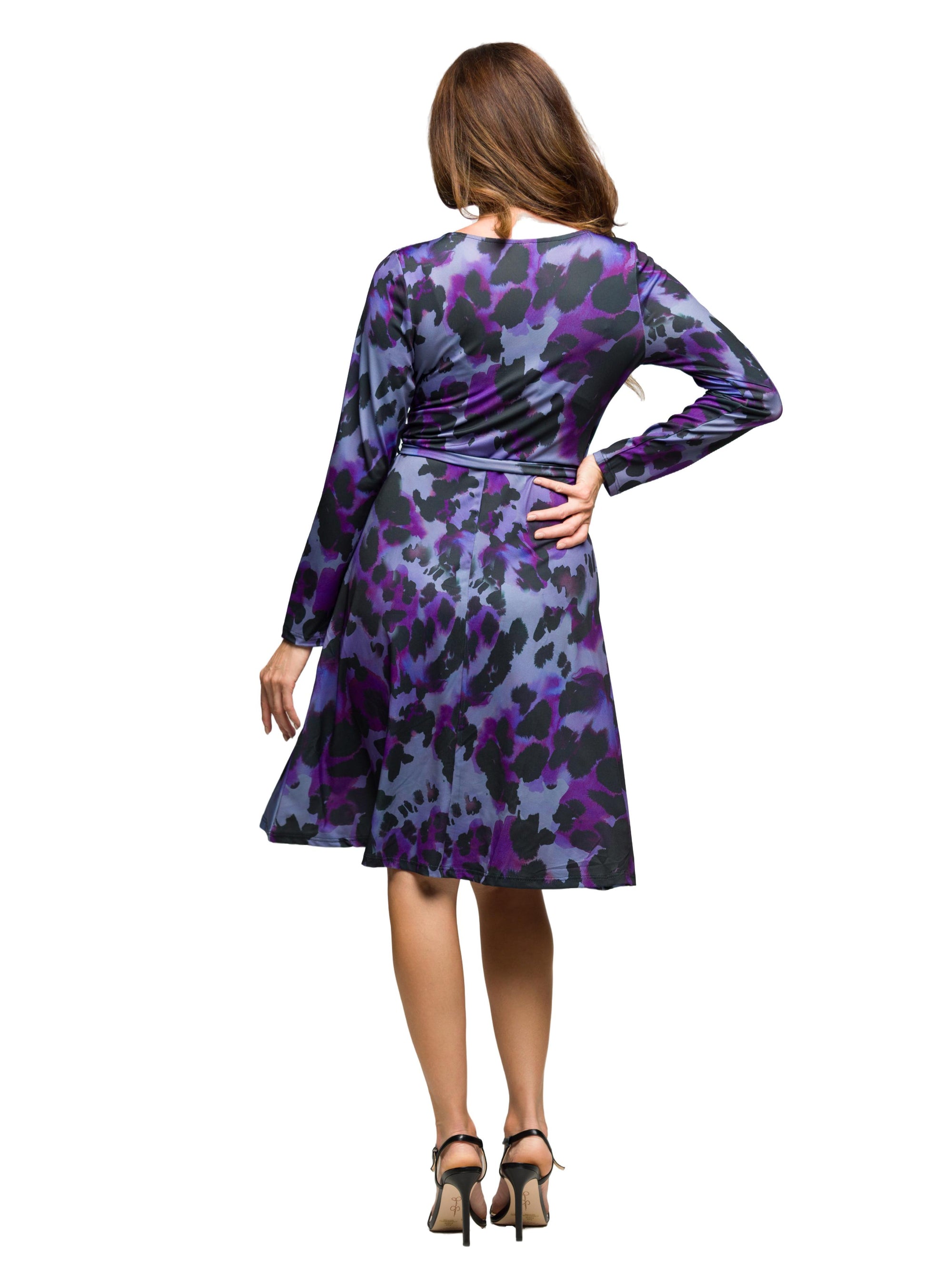 24seven Comfort Apparel Long Sleeve Wrap Dress with Belt  Purple Black Print