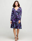 24seven Comfort Apparel Long Sleeve Wrap Dress with Belt  Purple Black Print